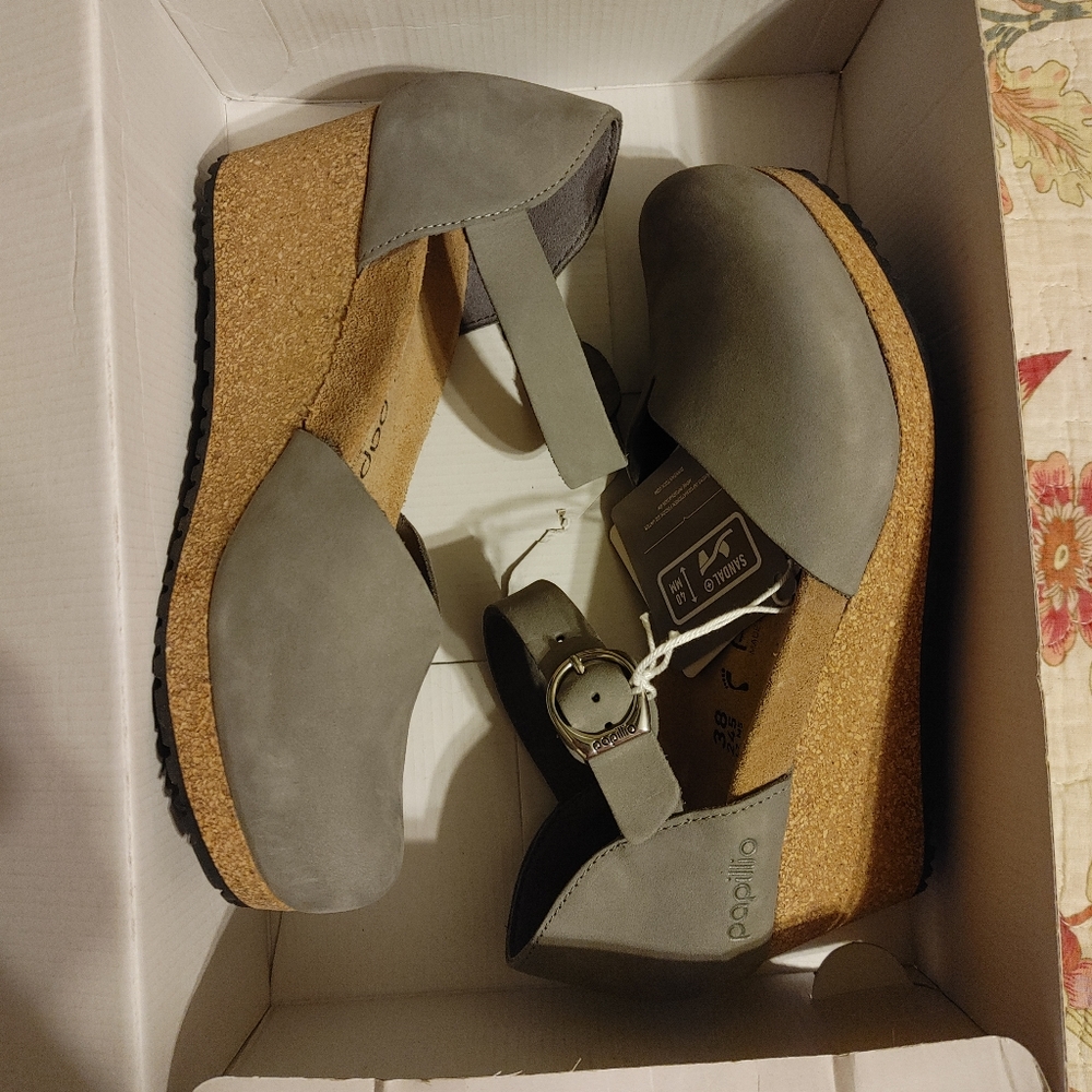 Papillio BIRKENSTOCK Mary Ring-Buckle Leather Wedge-Dive Gray-Size 38 Narrow